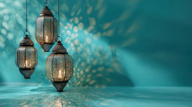 Three Bronze Ornate Lanterns Casting Light Patterns on Teal Background with Intricate Details Perfect for Festive Celebrations and Cultural Ambience Ideal for Adobe Stock