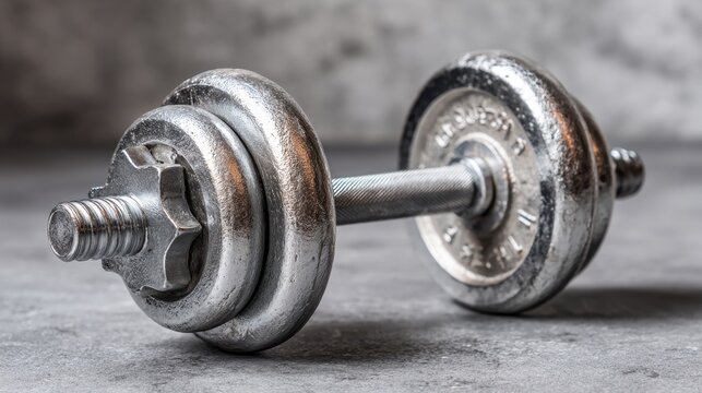 A silver dumbbell rests on a concrete surface, ready for workouts focused on strength training. The gym environment suggests a dedication to fitness and exercise routines. - Powered by Adobe