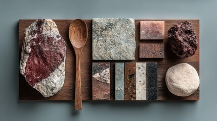 Assorted stone samples and wooden spoon arranged on a wooden board.