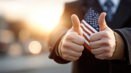 Person expressing joy with thumbs up gesture while holding a small American flag, celebrating participation in USA elections with enthusiasm and pride