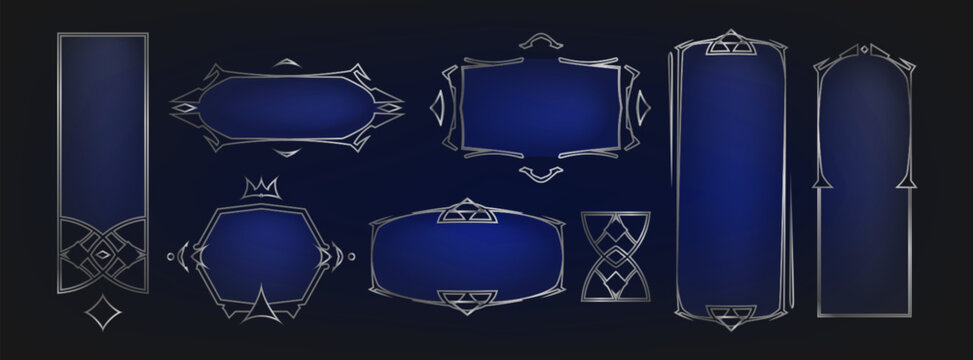 Medieval game frame with fantasy border and metal ornament design. Elegant UI banner for RPG interface with gothic deco elements, luxury title button and decorative vintage art for epic gaming.