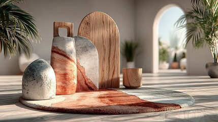 Minimalist interior scene with decorative objects including wooden boards and plants.