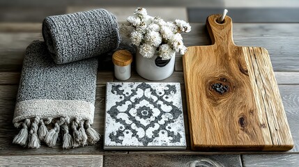 Still life of towels flowers tile and cutting board on wooden surface.