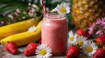 A colorful fruit smoothie with a pink hue sits in a jar, surrounded by fresh strawberries, bananas, and vibrant flowers. The tropical setting adds to the refreshing feel.