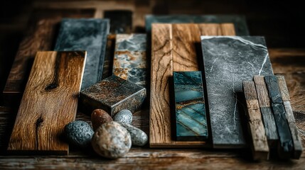 Assorted wooden and stone boards and objects arranged on a wooden surface.