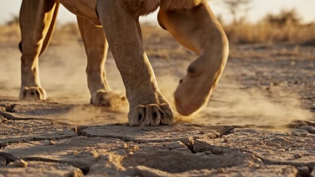 Majestic Lion Prowls Across Arid Cracked Earth Under Golden Sunset Light Casting Long Shadows Dramatic Wildlife Scene