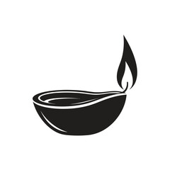 A simple black and white illustration depicts a traditional oil lamp commonly known as a diya with a bright flame symbolizing light and hope