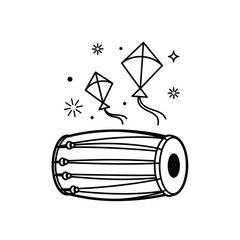 This minimalistic illustration depicts a traditional indian drum known as a dhol alongside two intricately designed kites floating in the air showcasing festive elements