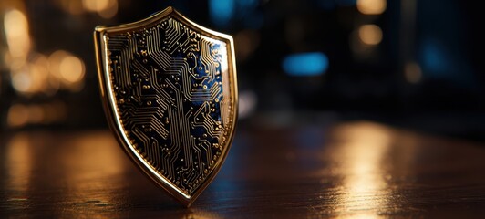 The Shield of Digital Security with Gold Circuit Board Detail on Wooden Surface