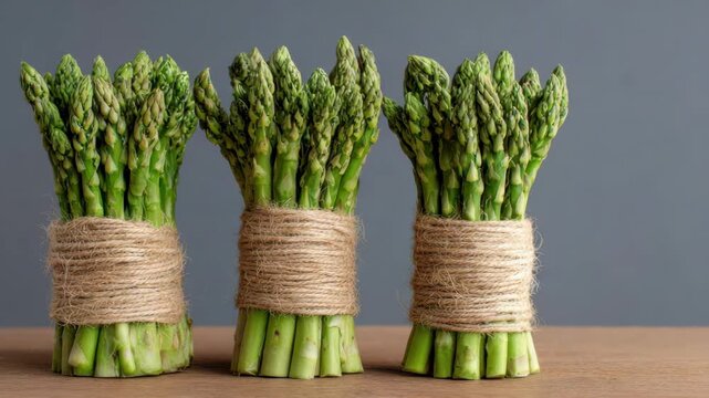 Three Bundles of Fresh Green Asparagus Wrapped in Brown Twine on Wooden Table Against a Grey Background in Studio Lighting