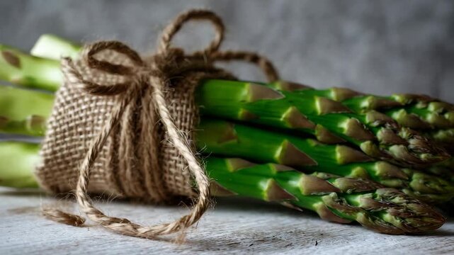 Bundle of Fresh Green Asparagus Tied with Burlap String on Distressed White Wood Table with Soft Lighting and Detailed Texture Against Gray Background