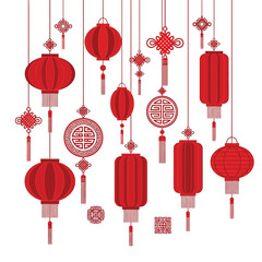 A visually striking arrangement of traditional chinese lanterns and decorative knots suspended against a clean white background showcasing festive elegance high quality professional detailed