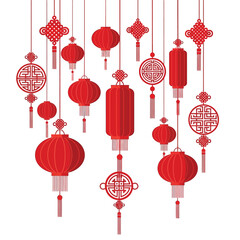 A vibrant display of traditional chinese lanterns and decorative knots hangs suspended creating an atmosphere of celebration and cultural richness high quality professional detailed