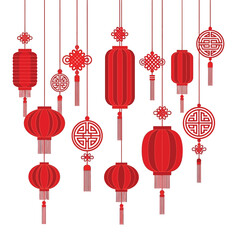 a vibrant arrangement of red chinese lanterns and decorative knotted tassels suspended against a clean white background symbolizing festivity and good fortune high quality