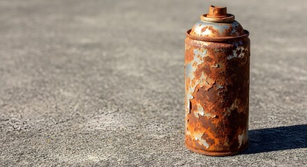 An old, corroded aerosol can stands neglected on textured concrete, symbolizing environmental degradation and an urgent ecological awareness concept