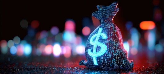 The Money Bag Glowing With Digital Binary Code In Neon Cityscape At Night