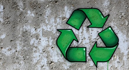 Green graffiti recycle symbol painted on a rough concrete wall, representing an ecology and sustainability concept for environmental awareness