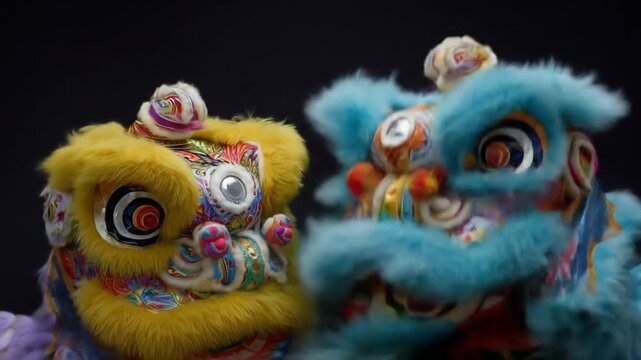 Two vibrant dragon puppets with ornate crowns loom against a dark backdrop, eyes gleaming, in frame
