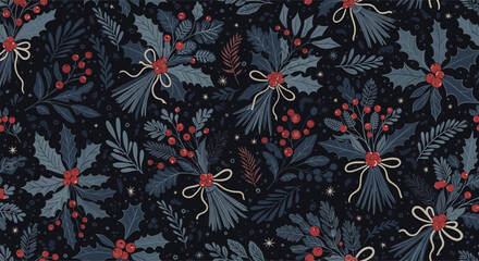 A beautiful and intricate seamless Christmas pattern with holly, berries, and pine branches in a vintage blue and red color scheme.