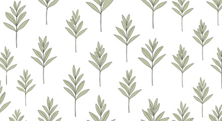 Obraz premium A simple and elegant seamless pattern of small, sage green leafy branches arranged vertically on a clean white background.