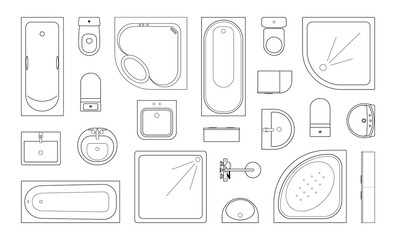 CAD drawings. View from above. Bathroom, toilet, sink, closet, shower tray, Jacuzzi, plan. The shower cabin. Set
