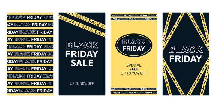Black Friday Sale. Set of 4 vertical web banners for smartphones Instagram stories. Black and yellow. Barrier tape with inscriptions. Vector illustration. Template, layout, poster and banner for sales