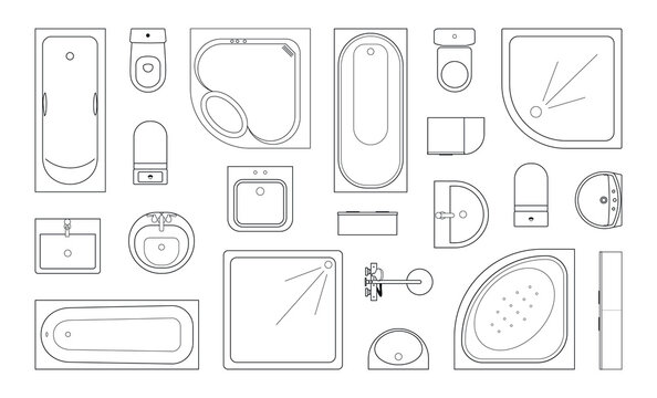 CAD drawings. View from above. Bathroom, toilet, sink, closet, shower tray, Jacuzzi, plan. The shower cabin. Set