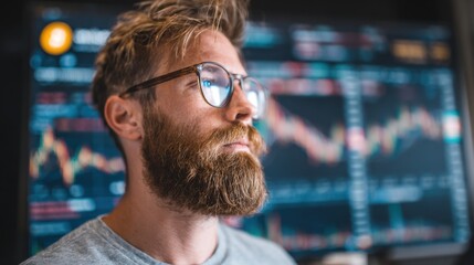 A young bearded man is focused on analyzing stock market trends in a contemporary office. Various colorful graphs and data points appear on the screens behind him, indicating market activity.