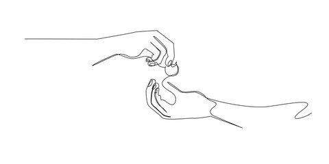 Continuous line drawing of a hand giving a coin to another hand.
One line drawing symbolizing generosity, charity, financial help, support, and the act of sharing in a simple and elegant minimal style