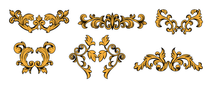 Baroque flourish ornaments set isolated on white background. Vector illustration of fancy Victorian frame or corner design elements, vintage divider with filigree floral curls and scrolls, sketch art