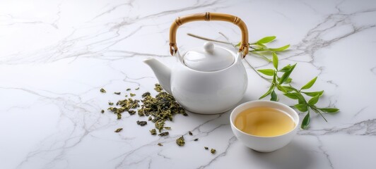 The Teapot and Cup with Loose Leaf Green Tea on Marble Surface