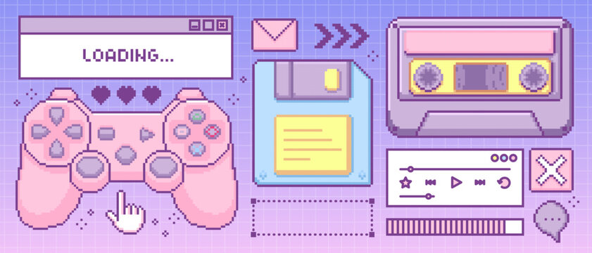 Y2k retro pixel game elements in cute pastel colors - pink gamepad controller with hearts, loading window interface, music player panel and progress bar. Vector sticker for 90s nostalgic gaming design