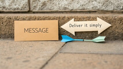 A still life composition of a cardboard message box and two arrows on a stone floor against a stone wall background with a simple and clear visual style.