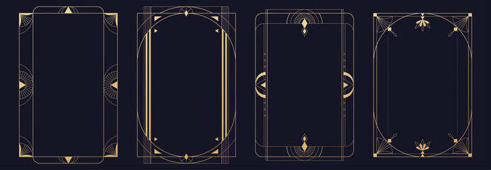 Gatsby style golden frames set with geometric patterns and luxury ornaments. Vintage deco borders design with elegant lines, decorative elements for wedding invitations or 1920s posters and banners.