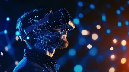 Software engineer experiencing virtual reality with headset and network visualization - Powered by Adobe