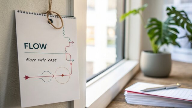A close-up shot of a FLOW diagram on a notepad hanging by a window with a plant and notebooks on a desk in a bright room. - Powered by Adobe