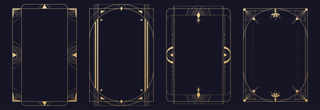 Gatsby style golden frames set with geometric patterns and luxury ornaments. Vintage deco borders design with elegant lines, decorative elements for wedding invitations or 1920s posters and banners.