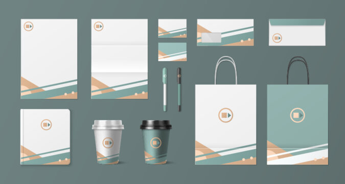 Corporate stationery mockup set with brand design template on business cards and letterheads, envelopes and pens, coffee cups and shopping bag. Professional identity kit for branding presentation.