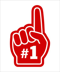Giant red foam finger with the number one symbol, representing victory, fan pride, championship success, and being the best team or competitor in a major sports event