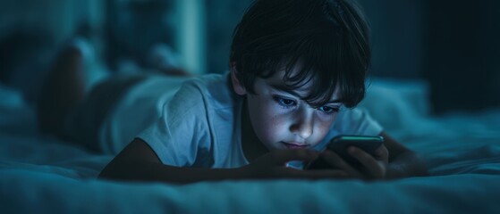 The boy lying on bed at night engrossed in smartphone blue light glow