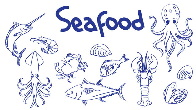 Hand drawn or doodle style seafood  or sea animal vector illustration. For education, culinary, food and beverages theme element. Seafood Restaurant Menu Decoration