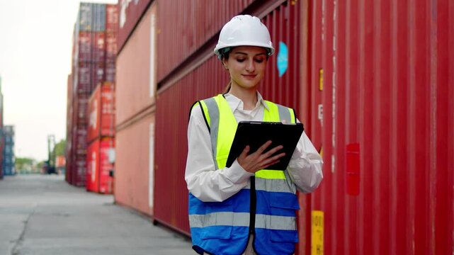 Warehouse operations safety inspection by female worker industrial port digital content urban environment ground level professionalism