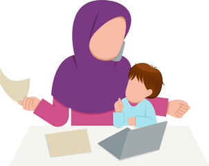 Muslim Mother Working With Son