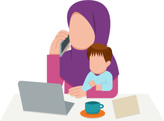 Muslim Mother Working With Son