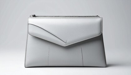 A sleek gray handbag with envelope-style flap, structured shape, and visible stitching on a white background.