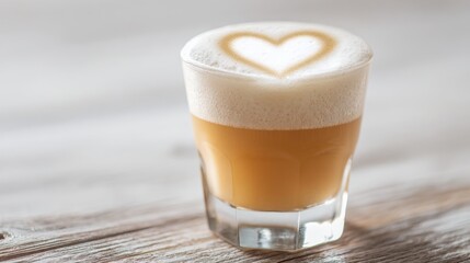 A beautifully crafted latte showcases a heart design made of foam, served in a clear glass. The rustic wooden table adds warmth to this cozy coffee moment.