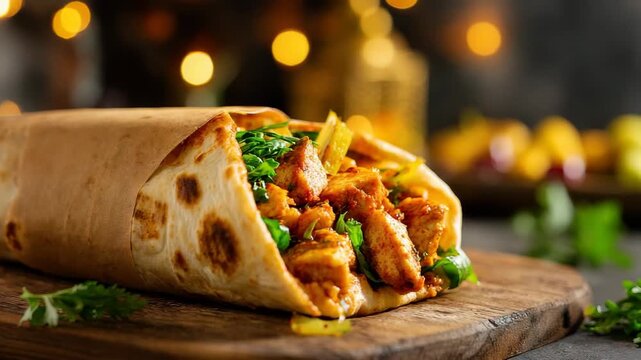 Appetizing Chicken Shawarma Wrap Filled with Fresh Greens and Lemon on Rustic Wooden Board Against a Blurred Festive Light Backdrop