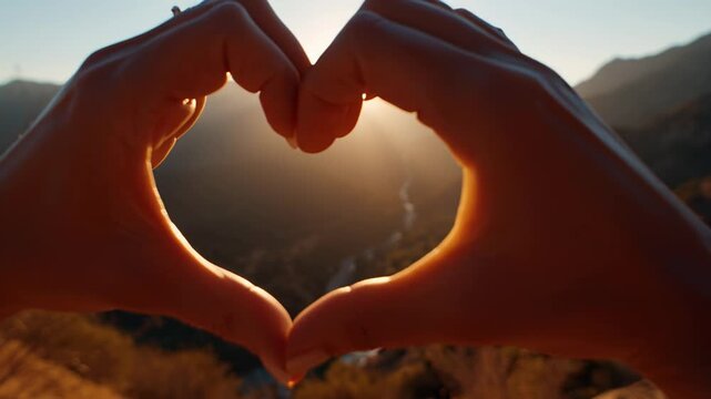 Hands forming heart shape against sunset in scenic mountain view