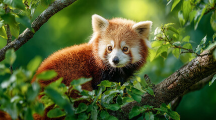 Fototapeta premium Red panda perched on a tree branch in a natural habitat. Cute wildlife scene highlighting endangered species, forest environment, and animal conservation.