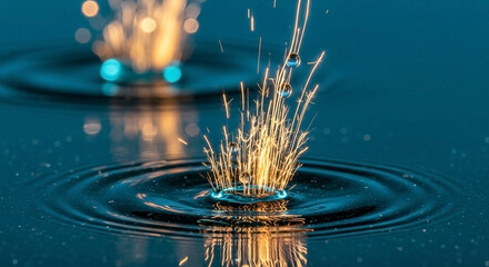 Dynamic golden sparks and water droplets creating captivating ripples on a deep blue liquid surface